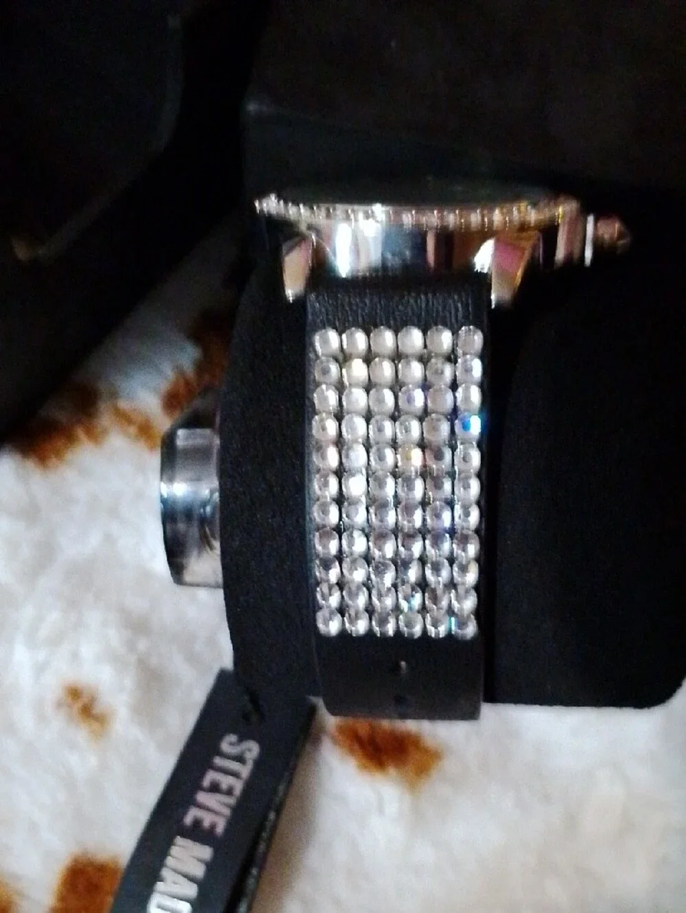 Steve Madden Black and Silver Crystal-Accent Women's Watch